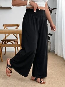Enliva Plus Size Cotton Blend Elastic Waist Comfort Pants Compatible With Apple Body Round Body - Black - View 4