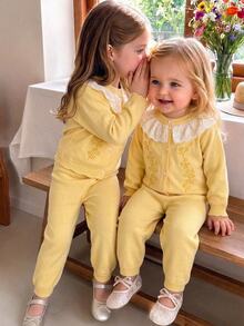 SHEIN Baby Girl Embroidered Lace Sweater And Knitted Pants Set - Yellow - View 4