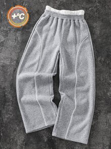 SHEIN 兒童青少年男孩休閒日常百搭舒適雙腰帶設計字母圖案灰色配白色腰帶直筒寬鬆運動長褲，適合返校、生日派對、晚會、表演、婚禮、洗禮、開學典禮、日常穿著、學校、旅行、運動，四季皆宜 - 灰色 - 查看 2