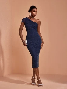 JIAN LASALA Blue One Shoulder Short Sleeve Ruched Back Slit Midi Elegant Dress Vacation Holiday - Blue - View 1