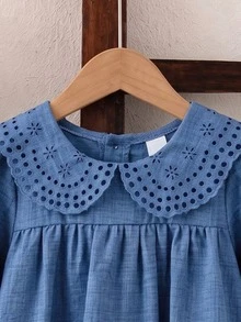 Young Girl 4-8Y Preppy Eyelet Embroidery Peter Pan Collar Long Sleeve Ruffle A-Line Dress School Party Matching Photoshoot Fall Winter Outfits - Blue - View 5