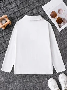 SHEIN 1件大童男孩休閒極簡學院風條紋印花長袖POLO領衛衣，時尚休閒設計，適合秋冬穿著，適合4-7歲男孩日常穿著，適合運動、外出、校園及開學季，柔軟舒適面料，時尚版型，秋冬新款，適合多季節 - 白色 - 查看 2
