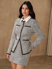 Anewsta Bộ áo khoác tay dài cài nút phối màu tương phản và chân váy ngắn nữ phong cách lãng mạn cho tiệc tùng và hẹn hò - Đen và trắng - Xem 3