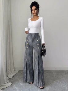 Elenzga Women's Houndstooth Elegant Commute Daily Long Pants - Black and White - View 5