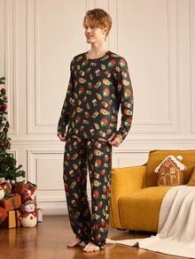 Notgurli Men's Cartoon Pattern Print Top And Pants Loungewear Set - Multicolor - View 5
