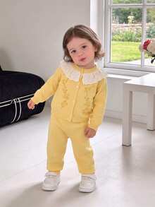 SHEIN Baby Girl Embroidered Lace Sweater And Knitted Pants Set - Yellow - View 3