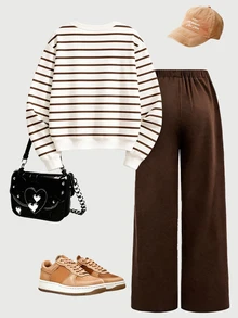 (1 Set) Tween Girls Autumn/Winter Casual Fresh Mint Chocolate Striped Crew Neck Sweatshirt With Toothpick Stripe Straight Leg Pants - Multicolor - View 2