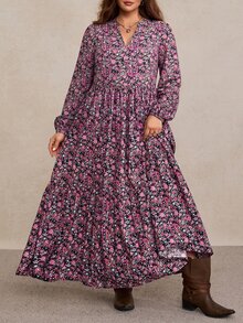 Freevana 女款大尺碼V領長袖長洋裝，碎花洋裝，收腰A字裙，優雅鄉村風穿搭，秋冬女裝 - 粉色 - 查看 3