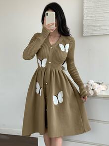 Feyla Women's Butterfly Pattern Single-Breasted Long Sleeve Fashion Knit Dress - Multicolor - View 1