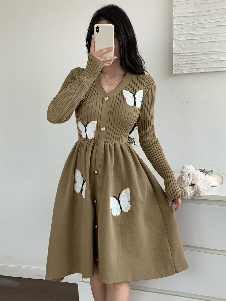Feyla Women's Butterfly Pattern Single-Breasted Long Sleeve Fashion Knit Dress - Multicolor - View 1