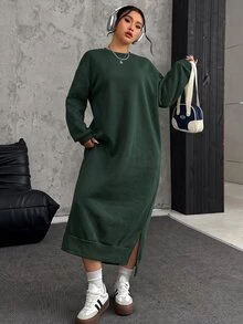SHEIN EZwear 大尺碼寬鬆休閒長版抓絨衛衣洋裝，秋冬款 - 墨綠色 - 查看 4