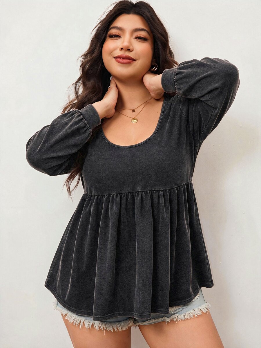 Enliva Plus Size Women's Ruffle Hem Casual T-Shirt, Plus Size Women's Top Apple,Rounded Body - Black - View 1