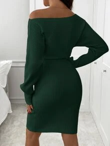 SHEIN Autumn And Winter Maternity Solid Color Batwing Sleeve Fitted Knit Dress, Fashionable For Pregnancy Beige Bodycon Ribbed - Dark Green - View 2