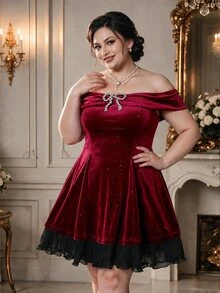 Rometta Plus Size Off-Shoulder Rhinestone Bow Decor Cinched Cinched Waist A-Line Layered Tulle Dress, Fashionable Elegant For Street, Party, Date, Women - Burgundy - View 5