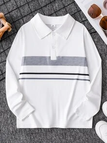SHEIN 1件大童男孩休閒極簡學院風條紋印花長袖POLO領衛衣，時尚休閒設計，適合秋冬穿著，適合4-7歲男孩日常穿著，適合運動、外出、校園及開學季，柔軟舒適面料，時尚版型，秋冬新款，適合多季節 - 白色 - 查看 3