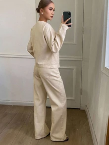 Livesso Women's Button Long Sleeve Jacket And Pocket Long Pants Denim Set - Khaki - View 2