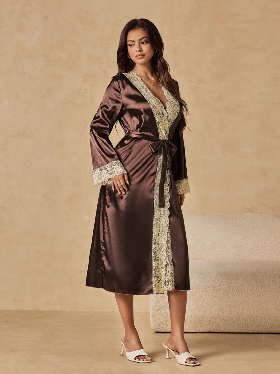 HautHeat Women's Contrast Lace Long Sleeve Elegant Nightgown - Coffee Brown - View 1