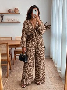 Enliva Plus Size Women's Zebra Print Deep V-Neck Twisted Jumpsuit With Pockets Apple,Rounded Body - Multicolor - View 4