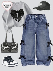 SHEIN 少女休閒復古時尚個性化前開衩磨損水洗酸洗黑色3D蝴蝶結寬腿修身百搭四季藍色牛仔褲下身 - 深色水洗藍 - 查看 3