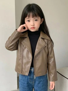 DAZY (少女款) 棕色寬鬆休閒秋冬短款PU皮革翻領夾克 - 卡其色 - 查看 4