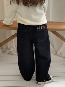 Dazy Kids Young Girl) Casual Straight Leg Embroidered Denim Jeans, Autumn/Winter - Blue - View 1