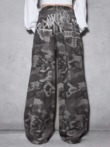 ROMWE Grunge Punk 女款 Y2K 時尚字母刺繡十字拼接做舊鬆垮寬腿低腰迷彩牛仔褲 - 灰色 - 查看 3