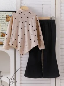 SHEIN 2件組女童上衣褲套裝，可愛米色與黑色愛心羅紋針織長袖寬鬆版型，蝴蝶結貼花喇叭褲，舒適秋季公主風女孩假日穿搭 - 彩色 - 查看 2