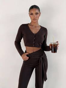 SHEIN Sports Women's Spring/Summer Solid Color Tight Waist Belt 7/10 Length Sports Leggings - Coffee Brown - View 6