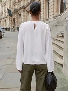 Vesra Women's Autumn Chiffon Napoleon Court Style Metal Button & Frog Closure Apricot Fashion Elegant Flared Sleeve Round Neck Blouse - Apricot - View 2