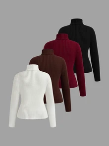 Sweetra Plus Size Women's Turtleneck Sweater, Long Sleeve Vertical Ribbed Knit Pullover, Slim Fit Stretch Solid Color Basic Fall Winter Top, Available In Whit - Multicolor - View 2
