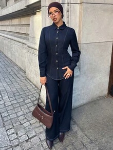 Solavon New Design Waist-Cinching Slimming Decorative Stitching Tie-Waist Blouse And Wide-Leg Pants Casual Commute Versatile Set - Navy Blue - View 1