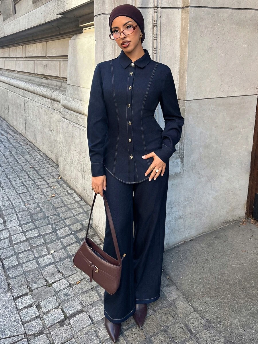 Solavon New Design Waist-Cinching Slimming Decorative Stitching Tie-Waist Blouse And Wide-Leg Pants Casual Commute Versatile Set - Navy Blue - View 1