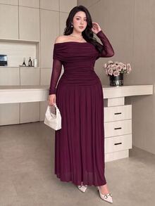 Feyla Plus Size Elegant Pleated Off-Shoulder Dress - Rusty Rose - View 4