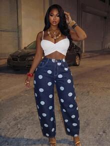 Slaydiva Women's Polka Dot Pattern Casual Denim Loose Curved Leg Dad Jeans - Blue - View 5
