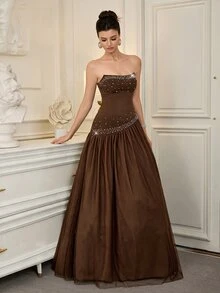 Modelyn Women's Rhinestone Decor Strapless Formal Elegant Gown Wedding Event Rehearsal Dinner Black Winter - Brown - View 3