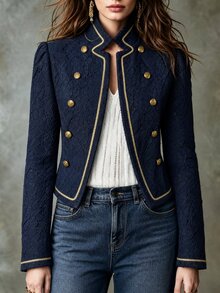 Trelyra Women's Fashionable Personalized Double-Breasted Long Sleeve Jacket - Navy Blue - View 6