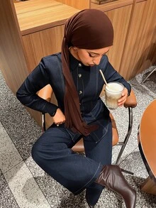 Solavon New Design Waist-Cinching Slimming Decorative Stitching Tie-Waist Blouse And Wide-Leg Pants Casual Commute Versatile Set - Navy Blue - View 5