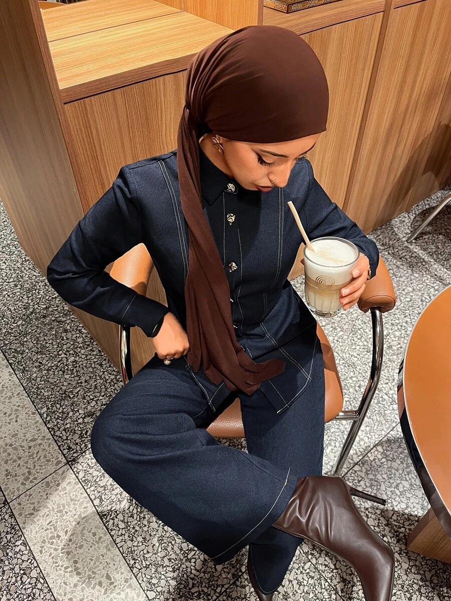 Solavon طقم كاجوال أنيق للعمل والتنقل في الخريف، بلوزة بخصر مشدود وتفاصيل خياطة زخرفية مع ربطة خصر، وبنطلون واسع الساق - أزرق بحري - مشاهدة 1