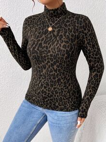 Lounesse Plus Size Leopard Print High Neck Long Sleeve T-Shirt - Slim Fit, Soft Fabric, Simple And Elegant Design, Double Layer Thickened, Suitable For Winter Workplace And Formal Occasions - Multicolor - View 3