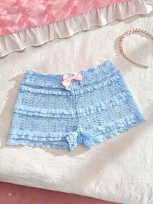 PetitDoll 1件女款甜美粉色蕾絲荷葉邊蝴蝶結設計內褲 - 藍色 - 查看 3