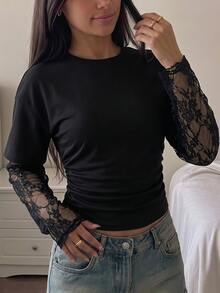 SHEIN 青少年女孩休閒優雅時尚抓皺腰部 2 合 1 蕾絲長袖圓領套頭短版衛衣，Y2K - 黑色 - 查看 1