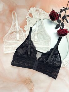 SHEIN Plus Size Women's Lace & Mesh Sexy Lingerie Wireless Bra 2-Piece Set - Black and White - View 2