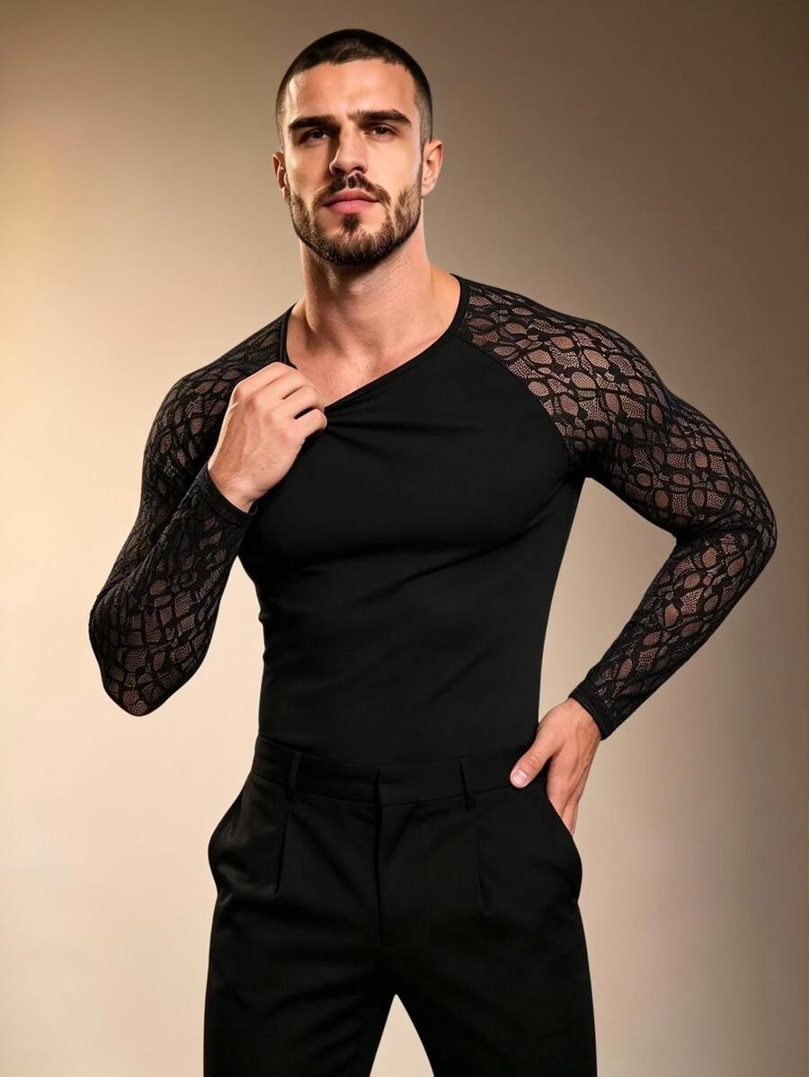 ZURIURI Men's Lace Hollow Out Long Sleeve Fashion Sexy T-Shirt Club Party Black Floral Fall - Black - View 1