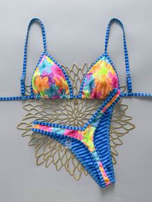 Swim Mod-D 2 Pieces Set Spring/Summer Floral Random Print Gold Pattern Round Disc Decor Halter Triangle Bikini Top And High-Cut Thong Sexy Bikini Swimsuit Set For Women - Multicolor - View 1