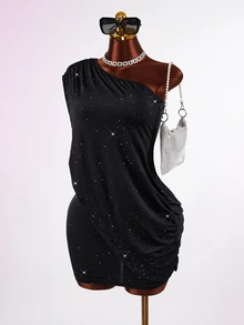 Mistrie Women's Elegant Party Velvet Rhinestone Asymmetrical Neckline Dress - Black - View 1