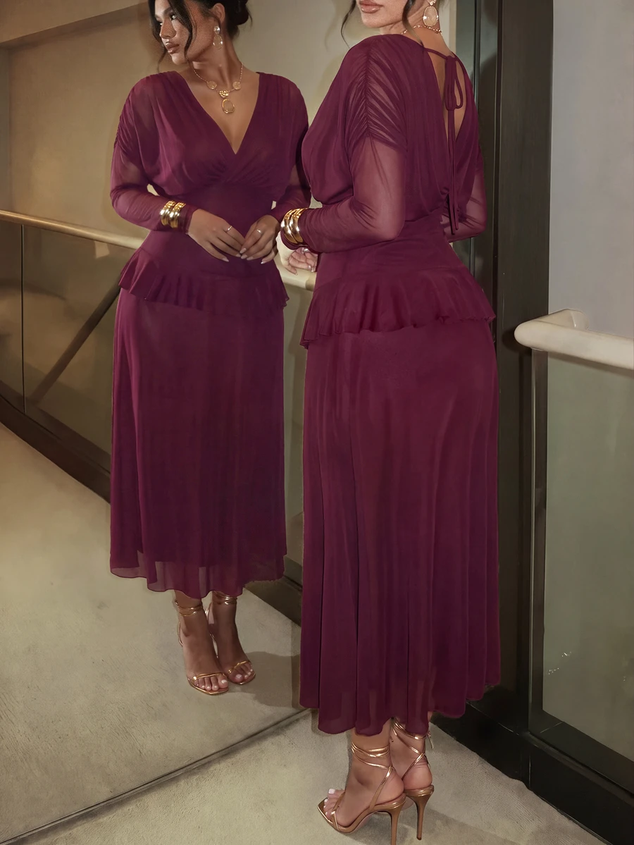 Firerie Plus Size Women's Solid Color V-Neck Casual Daily Summer Dress - Red Violet - View 1
