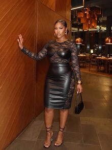 Slaydiva Plus Size Sexy Lace PU Material Dress - Black - View 3