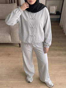 Solavon Women's Frog Button Long Sleeve Jacket And Pants 2 Pieces Set - Baby Blue - View 3