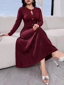 Feyla Women's Solid Color Long Sleeve Button Design Elegant Knit Dress - Burgundy - View 3