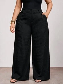 Enliva Plus Size Women's Textured Straight-Leg Loose Pants Pear Body,Triangle Body - Black - View 1